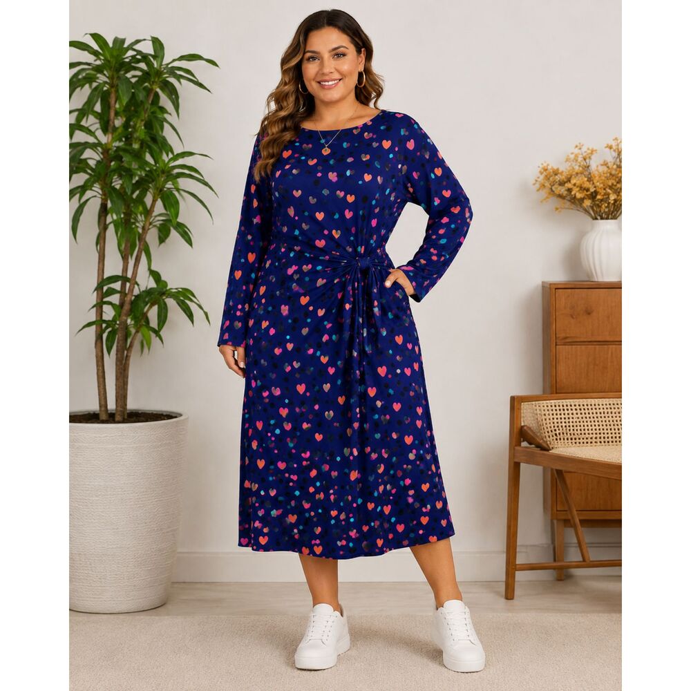 NWT BloomChic Size 30 Navy Heart Print Midi Dress Tie Waist Plus Size